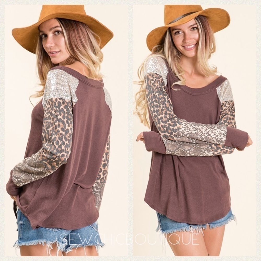 Brown Solid Knit Fabric Mix Matched Top